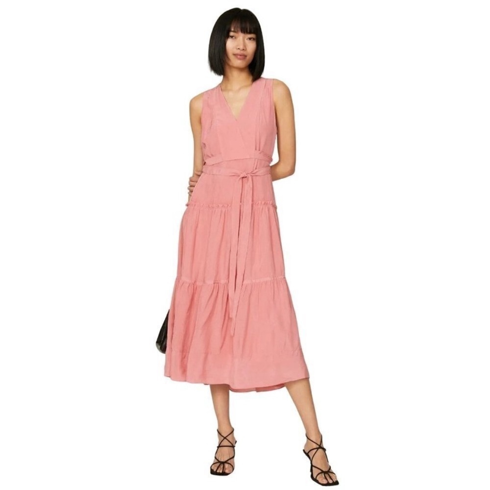3.1 Phillip Lim Tiered Belted V-Neck Sleeveless Midi Dress Pink Sz 4